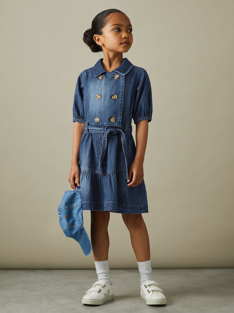 Reiss Blue Marina 4-9 yrs Denim Puff Sleeve Belted Dress - Image 1 of 4 Reiss Blue Marina 4-9 yrs Denim Puff Sleeve Belted Dress - Image 1 of 4