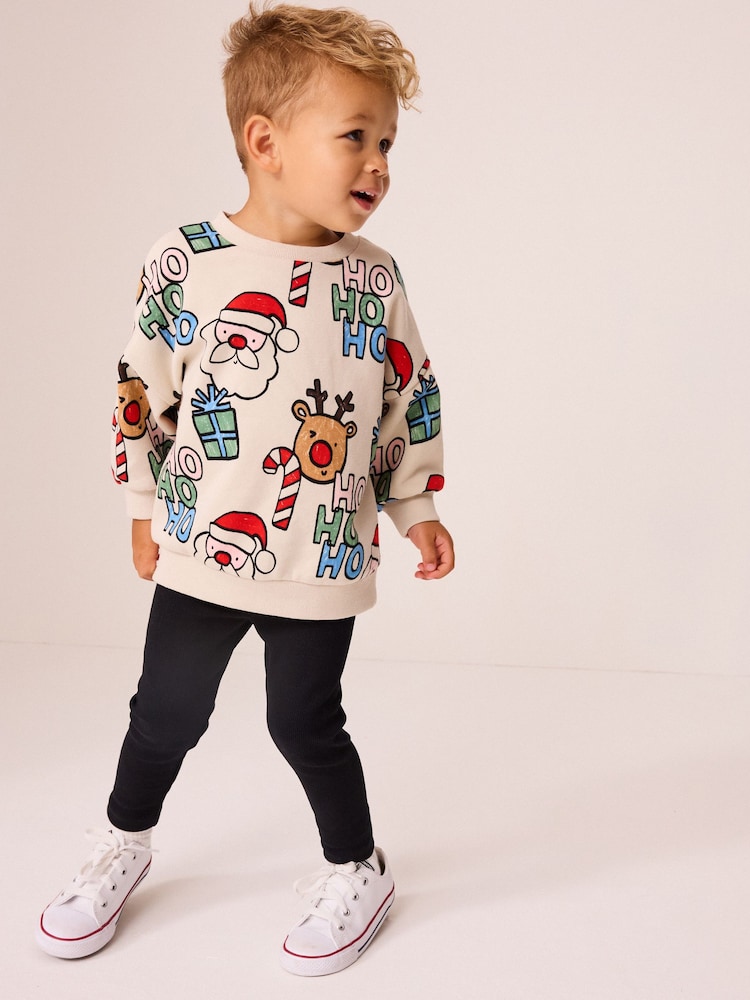 Ecru Cream All Over Print Christmas Sweatshirt And Leggings Set (3mths-7yrs) - Image 2 of 9
