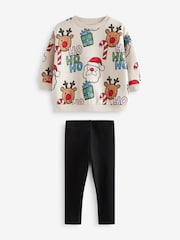Ecru Cream All Over Print Christmas Sweatshirt And Leggings Set (3mths-7yrs) - Image 5 of 9
