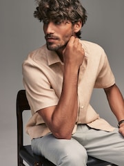 Neutral Brown Regular Fit Signature Linen Blend Short Sleeve Shirt - Image 4 of 8