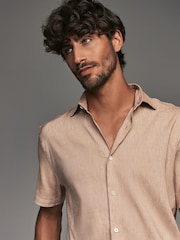 Neutral Brown Regular Fit Signature Linen Blend Short Sleeve Shirt - Image 5 of 8