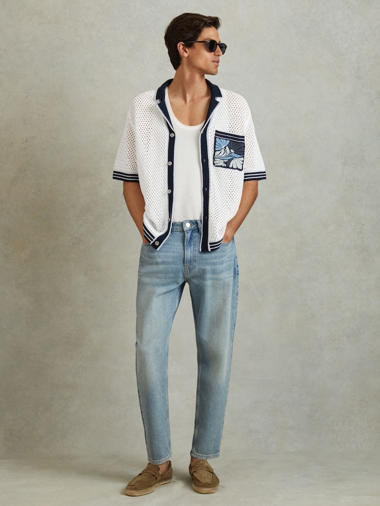 Reiss White/Blue Lucile Open-Stitch Embroidered Cuban Collar Shirt - Image 1 of 5