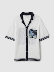 Reiss White/Blue Lucile Open-Stitch Embroidered Cuban Collar Shirt - Image 2 of 5