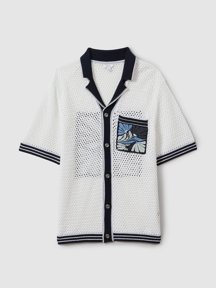 Reiss White/Blue Lucile Open-Stitch Embroidered Cuban Collar Shirt - Image 2 of 5