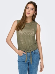 JDY Green Crochet Sleeveless Tie Front Top - Image 1 of 6