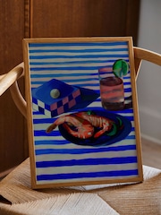 Paper Collective Blue Shrimp & Stripes Framed Wall Art Print in Natural Oak Frame - Image 1 of 3