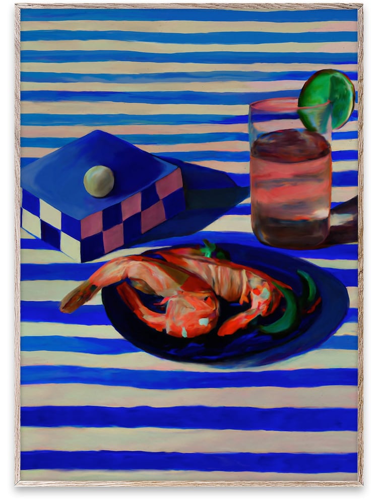 Paper Collective Blue Shrimp & Stripes Framed Wall Art Print in Natural Oak Frame - Image 2 of 3