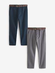 Marineblau/Grau - Slim Fit Printed Belted Soft Touch Chino Trousers 2 Pack - Bild 1 von 13