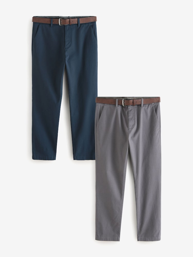 Marineblau/Grau - Slim Fit Printed Belted Soft Touch Chino Trousers 2 Pack - Bild 1 von 13
