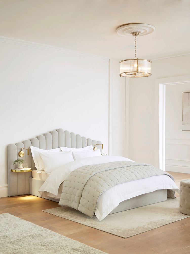 Soft Texture Light Grey Adele Upholstered Hotel Bed Frame with Ottoman Storage, Bedside Tables and Lights - Image 1 of 9