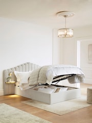 Soft Texture Light Grey Adele Upholstered Hotel Bed Frame with Ottoman Storage, Bedside Tables and Lights - Image 2 of 9