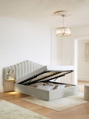 Soft Texture Light Grey Adele Upholstered Hotel Bed Frame with Ottoman Storage, Bedside Tables and Lights - Image 3 of 9