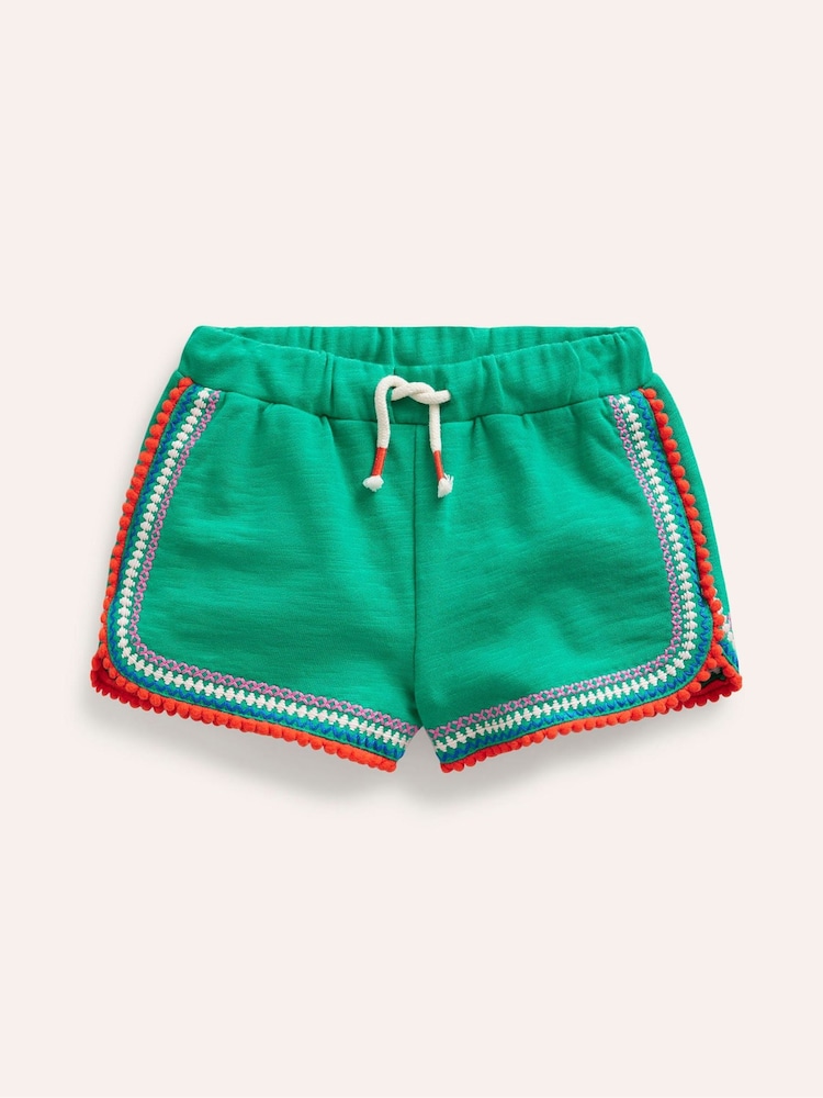 Boden Green 100% Cotton Pom Trim Jersey Shorts - Image 1 of 3