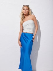 PixieGirl Petite Blue Satin Midaxi Skirt - Image 1 of 6