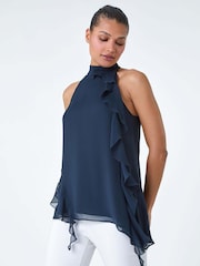 Roman Blue Halterneck Asymmetric Frill Detail Top - Image 1 of 5