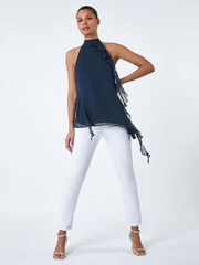 Roman Blue Halterneck Asymmetric Frill Detail Top - Image 2 of 5