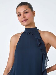 Roman Blue Halterneck Asymmetric Frill Detail Top - Image 4 of 5