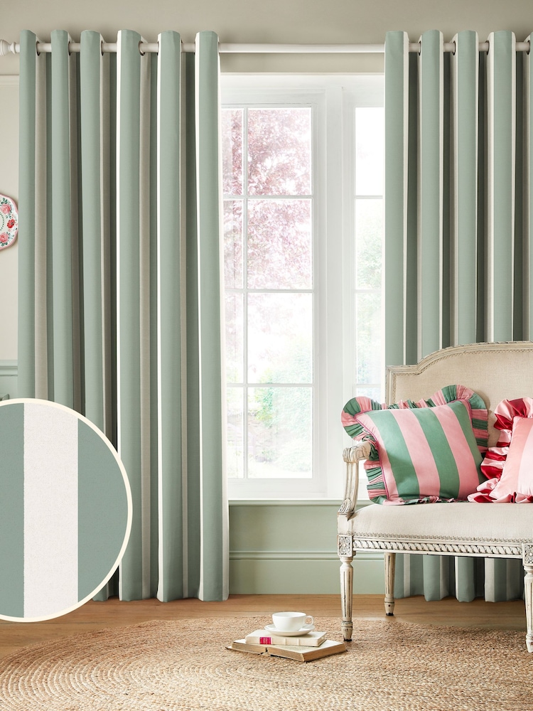 Cath Kidston Sage Hand Painted Stripe Blackout Eyelet Curtains - Image 1 of 2