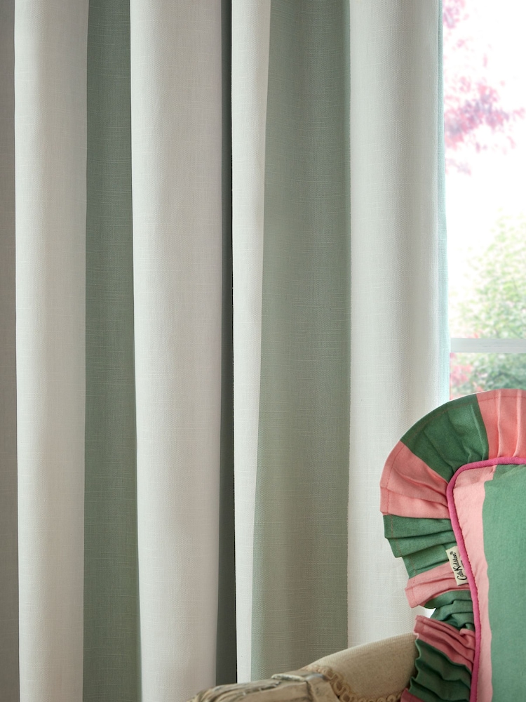 Cath Kidston Sage Hand Painted Stripe Blackout Eyelet Curtains - Image 2 of 2