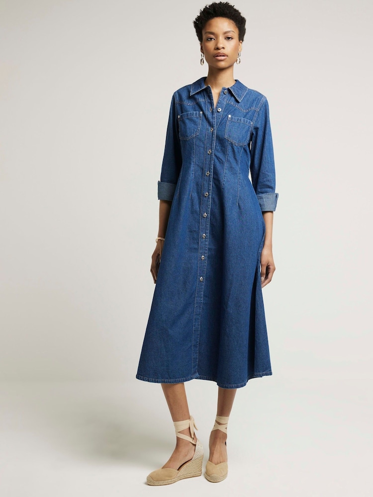 River Island Blue Denim Fitted Midi Shirt Dress - Image 1 of 6