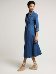 River Island Blue Denim Fitted Midi Shirt Dress - Image 2 of 6