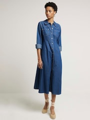 River Island Blue Denim Fitted Midi Shirt Dress - Image 4 of 6