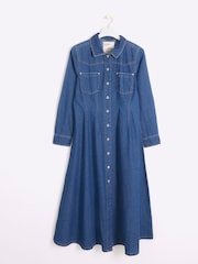 River Island Blue Denim Fitted Midi Shirt Dress - Image 5 of 6