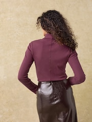 Berry Red Long Sleeve Ribbed Roll Neck Top - Image 2 of 7