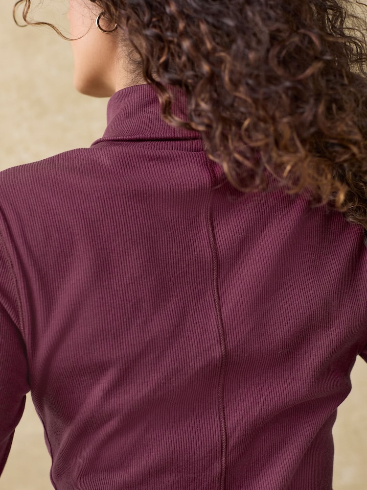Berry Red Long Sleeve Ribbed Roll Neck Top - Image 4 of 7