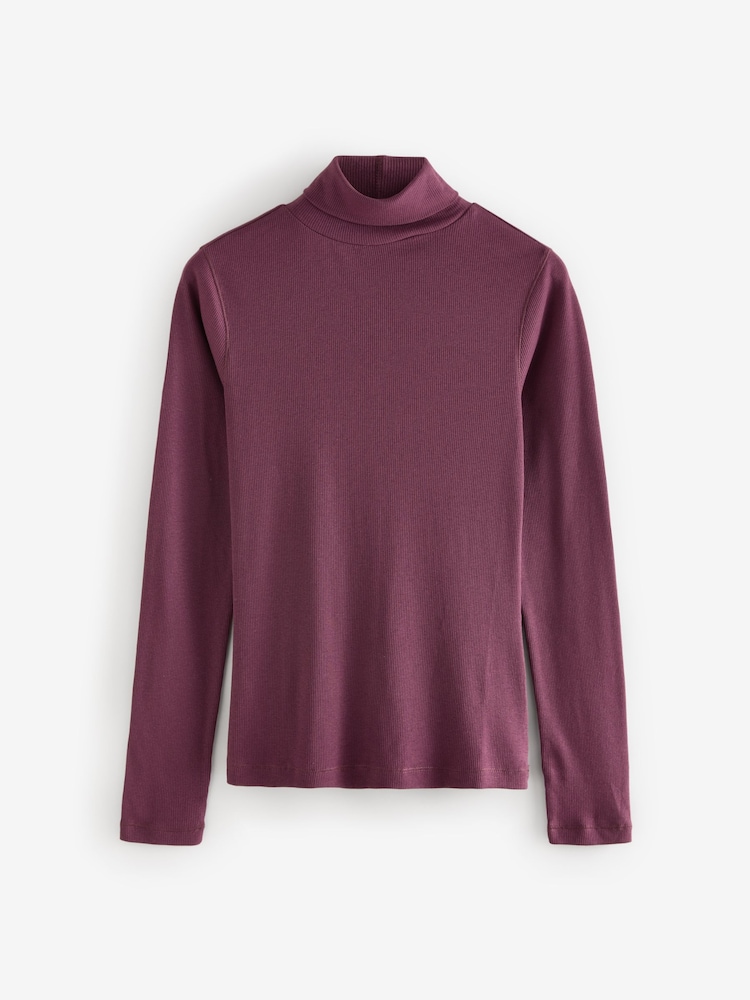 Berry Red Long Sleeve Ribbed Roll Neck Top - Image 5 of 7