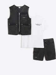 River Island Grey Boys 100% Cotton Denim Gilet Set 3 Piece - Image 1 of 4