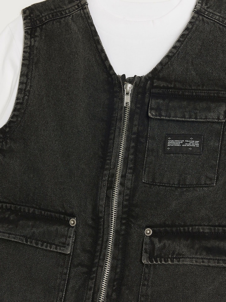 River Island Grey Boys 100% Cotton Denim Gilet Set 3 Piece - Image 4 of 4