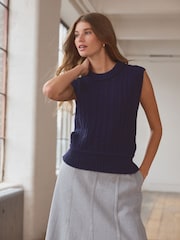Blue Navy 100% Lambswool Premium Sleeveless Cable Knitted Jumper Tank Vest Top - Image 1 of 7