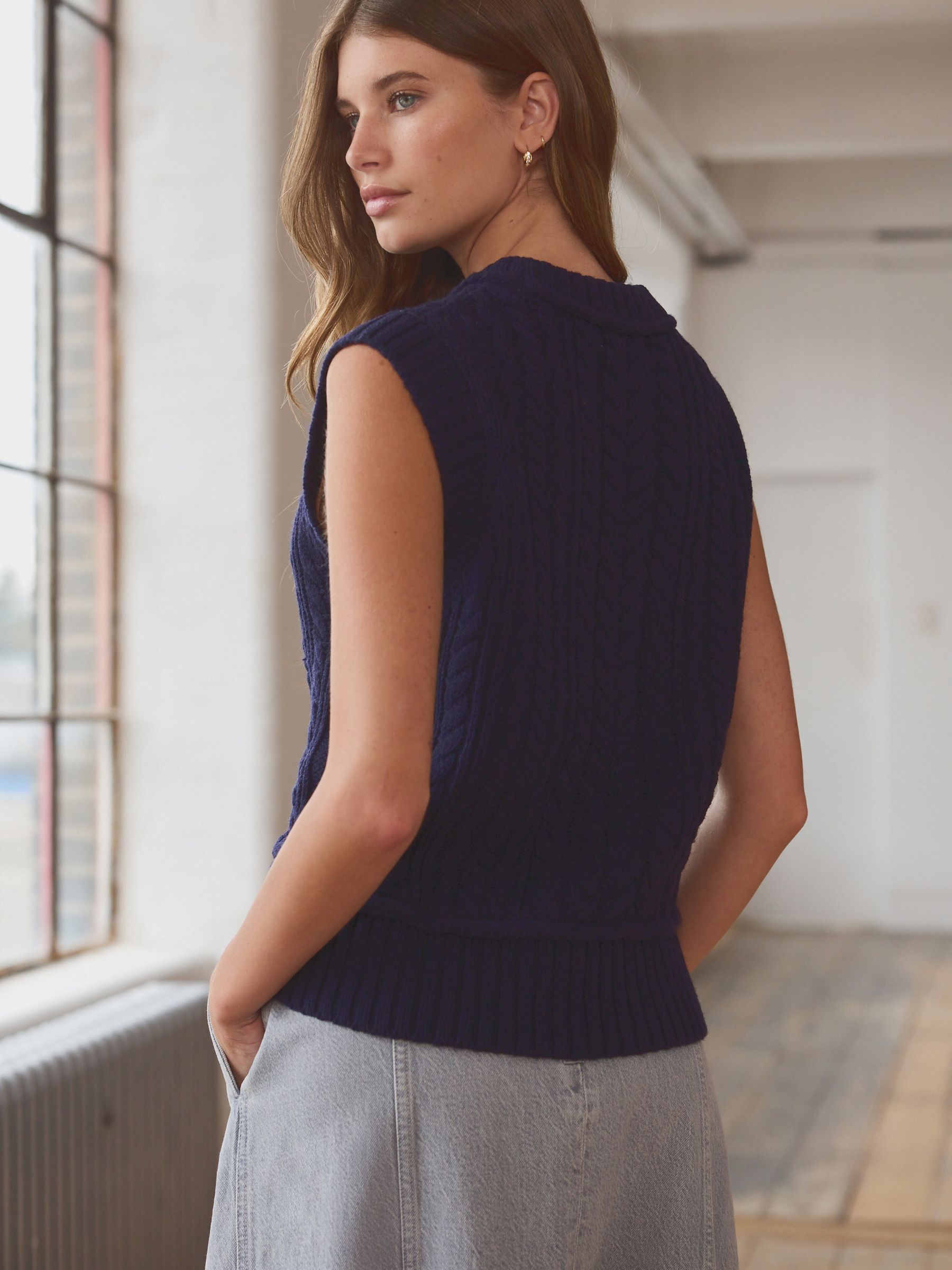 Blue Navy 100% Lambswool Premium Sleeveless Cable Knitted Jumper Tank Vest  Top