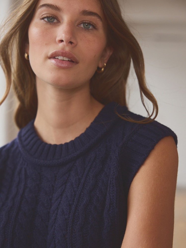 Buy Blue Navy 100% Lambswool Premium Sleeveless Cable Knitted - Main Image