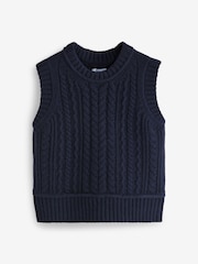 Blue Navy 100% Lambswool Premium Sleeveless Cable Knitted Jumper Tank Vest Top - Image 5 of 7
