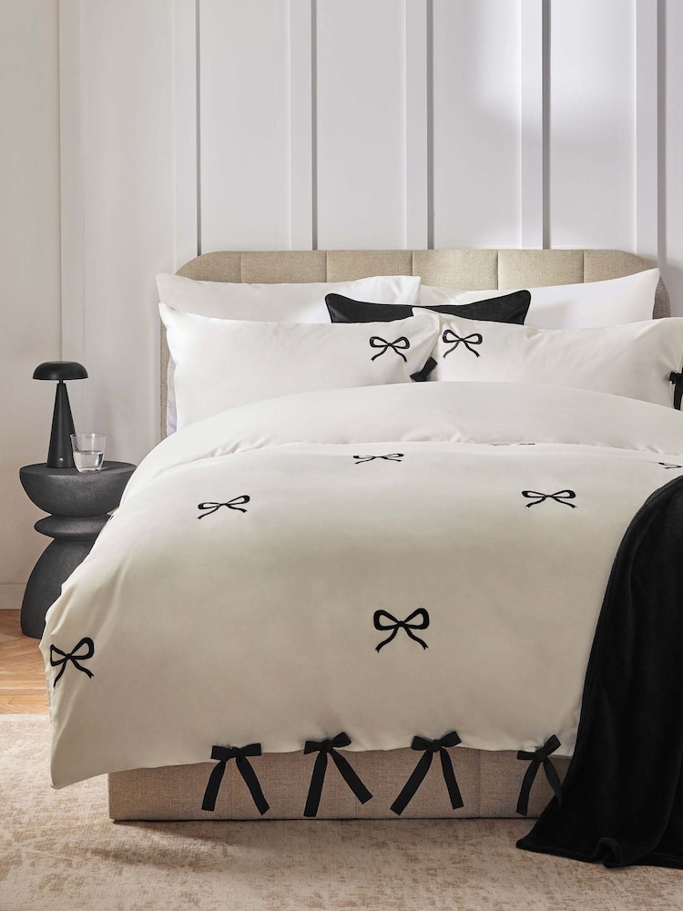 White/Black Bow Embroidered Duvet Cover and Pillowcase Set - Image 1 of 4 White/Black Bow Embroidered Duvet Cover and Pillowcase Set - Image 1 of 4