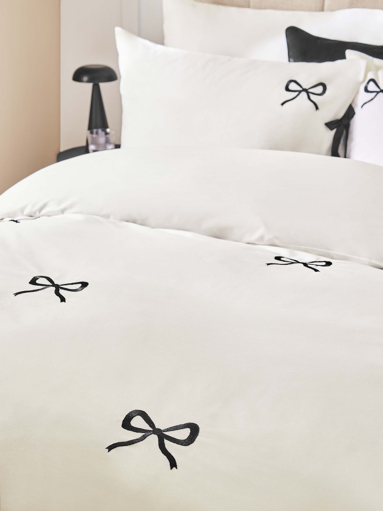 White/Black Bow Embroidered Duvet Cover and Pillowcase Set - Image 2 of 4 White/Black Bow Embroidered Duvet Cover and Pillowcase Set - Image 2 of 4