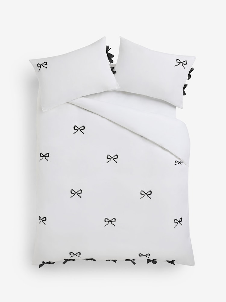 White/Black Bow Embroidered Duvet Cover and Pillowcase Set - Image 4 of 4 White/Black Bow Embroidered Duvet Cover and Pillowcase Set - Image 4 of 4