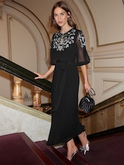 Love & Roses Black Embellished Pleated Short Sleeve Midi Dress - Image 1 of 4