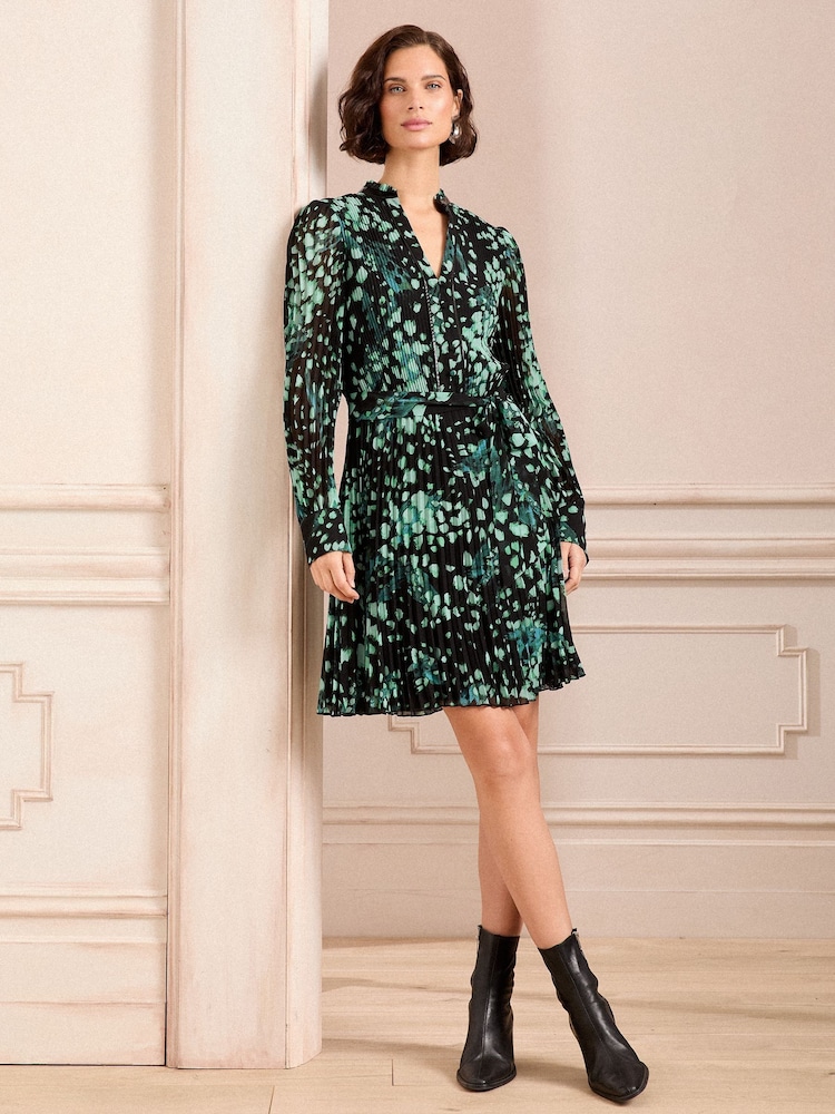 Vert tacheté - Love & Roses PU Trim Col en V Plissé Mini Robe - Image 3 of 4