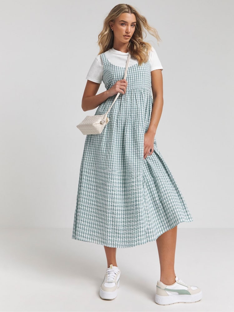 Simply Be Blue 100% Cotton Gingham Textured Sundress With Pockets - Image 1 of 4