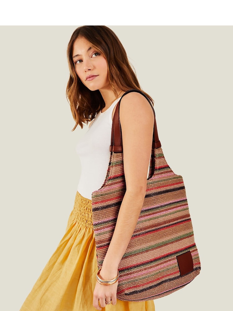 Accessorize Brown Stripe Raffia Shoulder Bag - Image 1 of 4