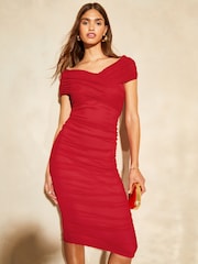 Lipsy Red Ruched Bodycon Bardot Midi Dress - Image 1 of 4