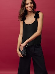 Black Satin Tie Bow Shoulder Cami Top - Image 2 of 7