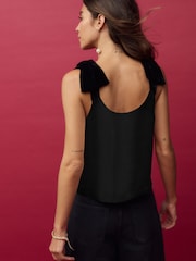 Black Satin Tie Bow Shoulder Cami Top - Image 3 of 7