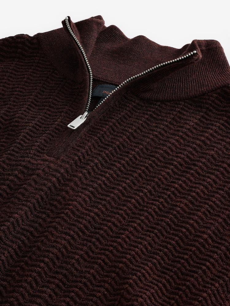 Dark Red Regular Fit Signature 100% Merino Textured Quarter Zip Jumper - Image 5 of 5