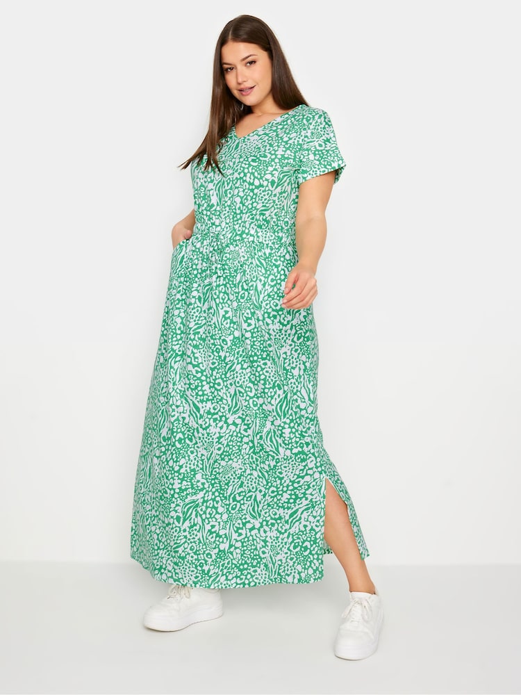Yours Curve Green 100% Cotton Side Split Drawcord Maxi Dress - Image 1 of 5