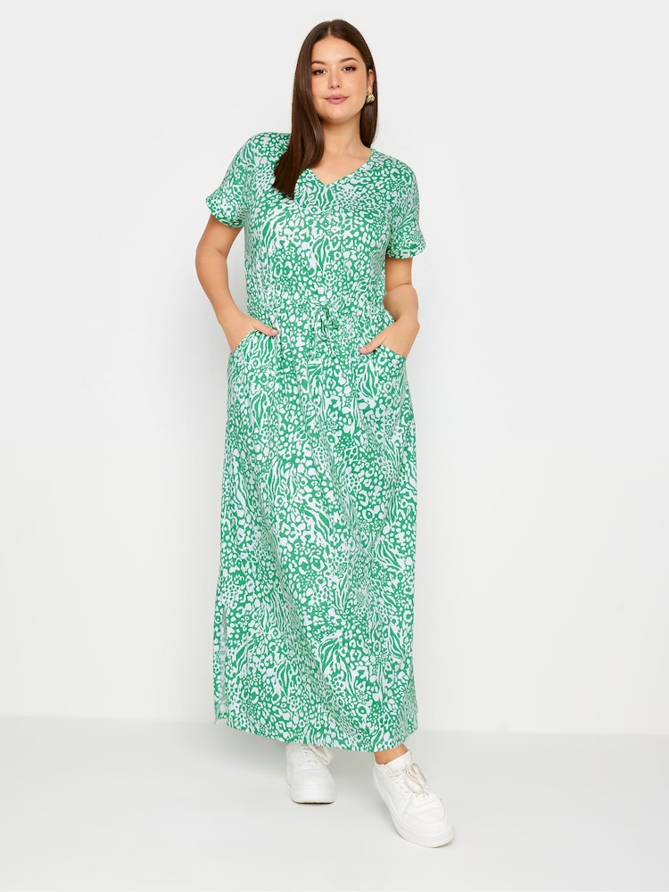 Yours Curve Green 100% Cotton Side Split Drawcord Maxi Dress - Image 2 of 5