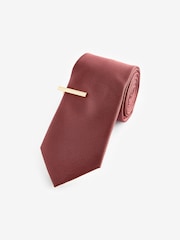 Rust Brown Textured Tie And Clip Set - Image 1 of 3